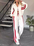 Full-Size Striped Zip-Up Outerwear and Pants Set, white with red stripes, 2-piece plus-size activewear.