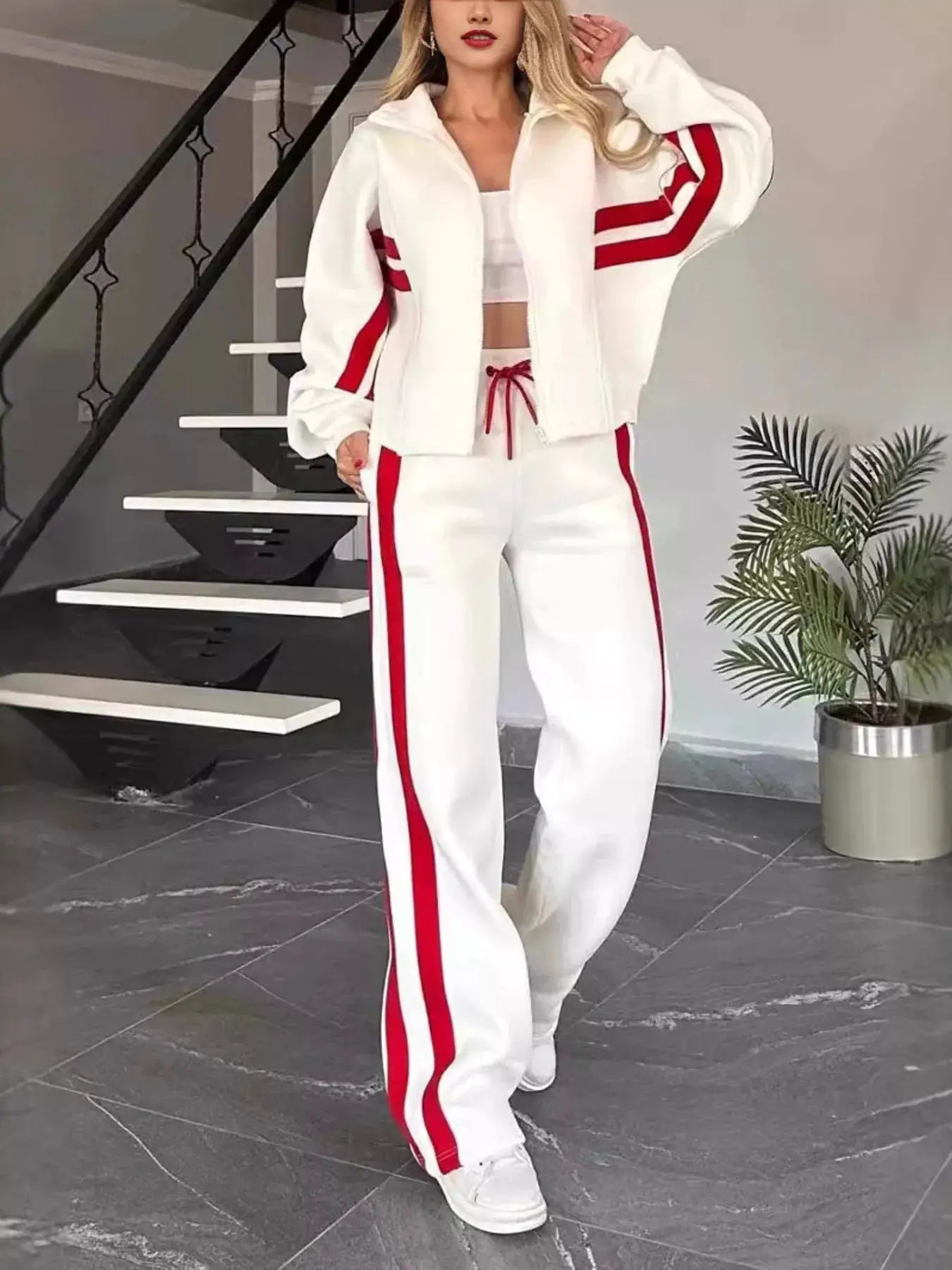 Full-Size Striped Zip-Up Outerwear and Pants Set, white with red stripes, 2-piece plus-size activewear.