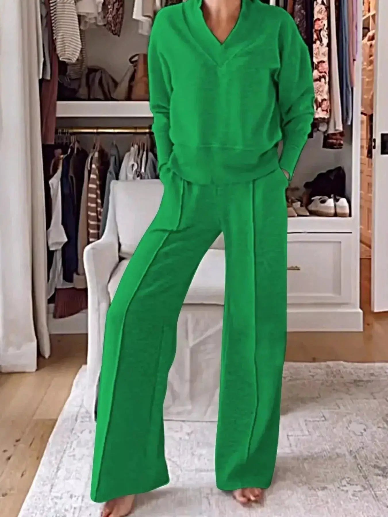 Full Size Cozy V-Neck Top and Pants Set Plus Size in bright green velour loungewear with pockets