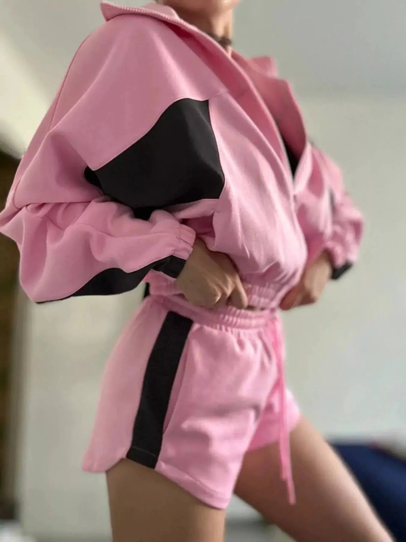 Zip-Up Long Sleeve Top & Shorts Set in pink with black sleeve panels