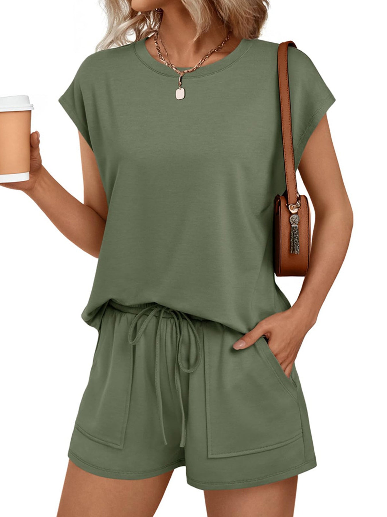 Round neck cap-sleeve top and shorts set in sage green by Trendsi.