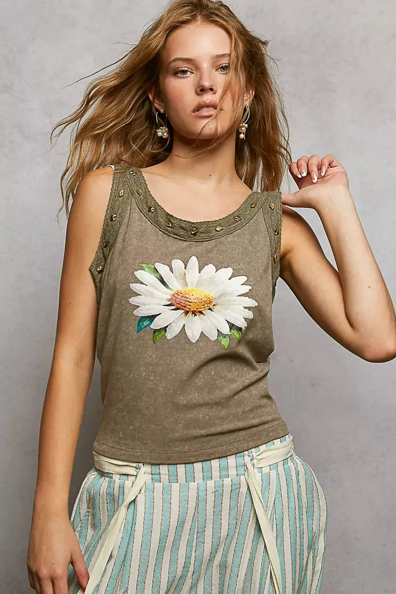 POL Washed Floral Stud Round Neck Slim Tank top in olive with daisy print, sleeveless