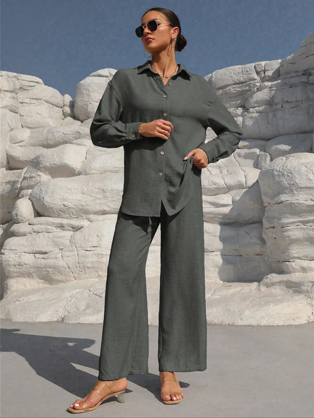 Trendsi button-up long-sleeve shirt and pants set in sage green with a relaxed oversized fit.