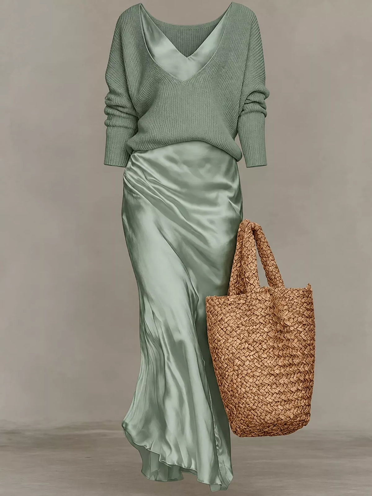V-Neck Sweater & Satin Slip Maxi Dress Set in Teal by Belle Bijouix – view 36 of 41