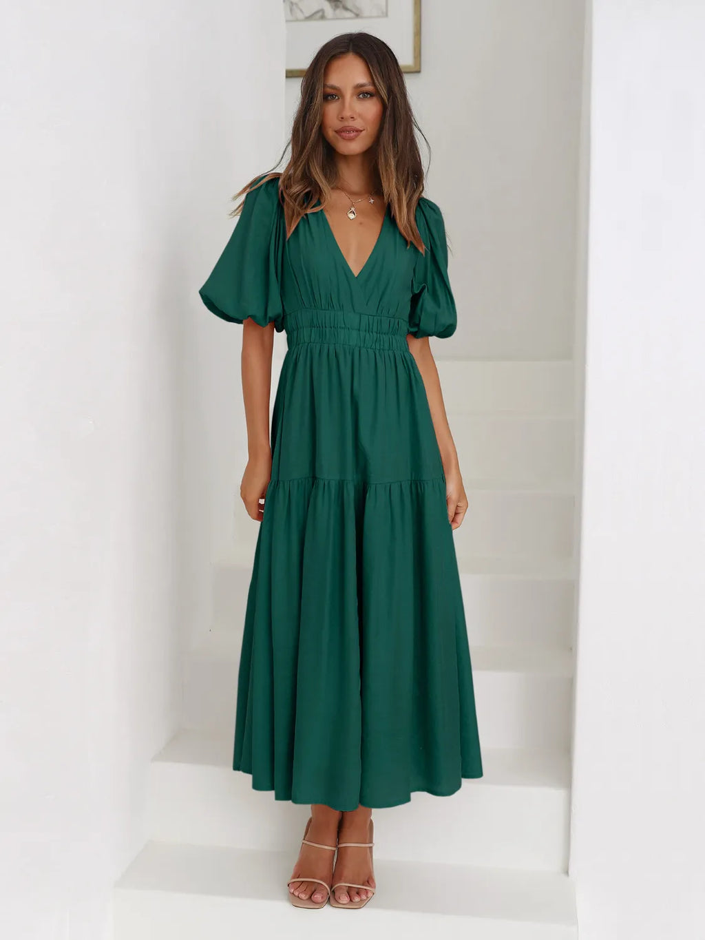 Tiered Surplice Half Sleeve Midi Dress in emerald green by Belle Bijouix with puff sleeves and smocked waist