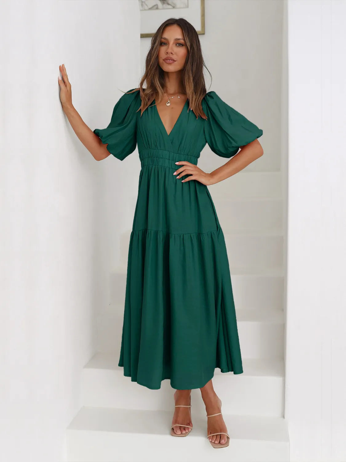 Tiered Surplice Half Sleeve Midi Dress by Belle Bijouix in emerald green with puff sleeves.