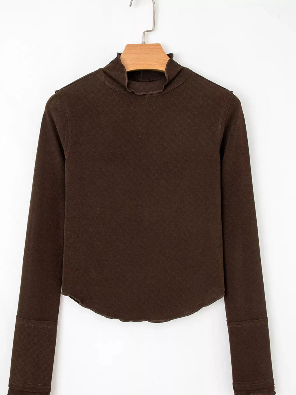 Lettuce Trim Raw Seam Patchwork Jacquard Long Sleeve Top, brown
