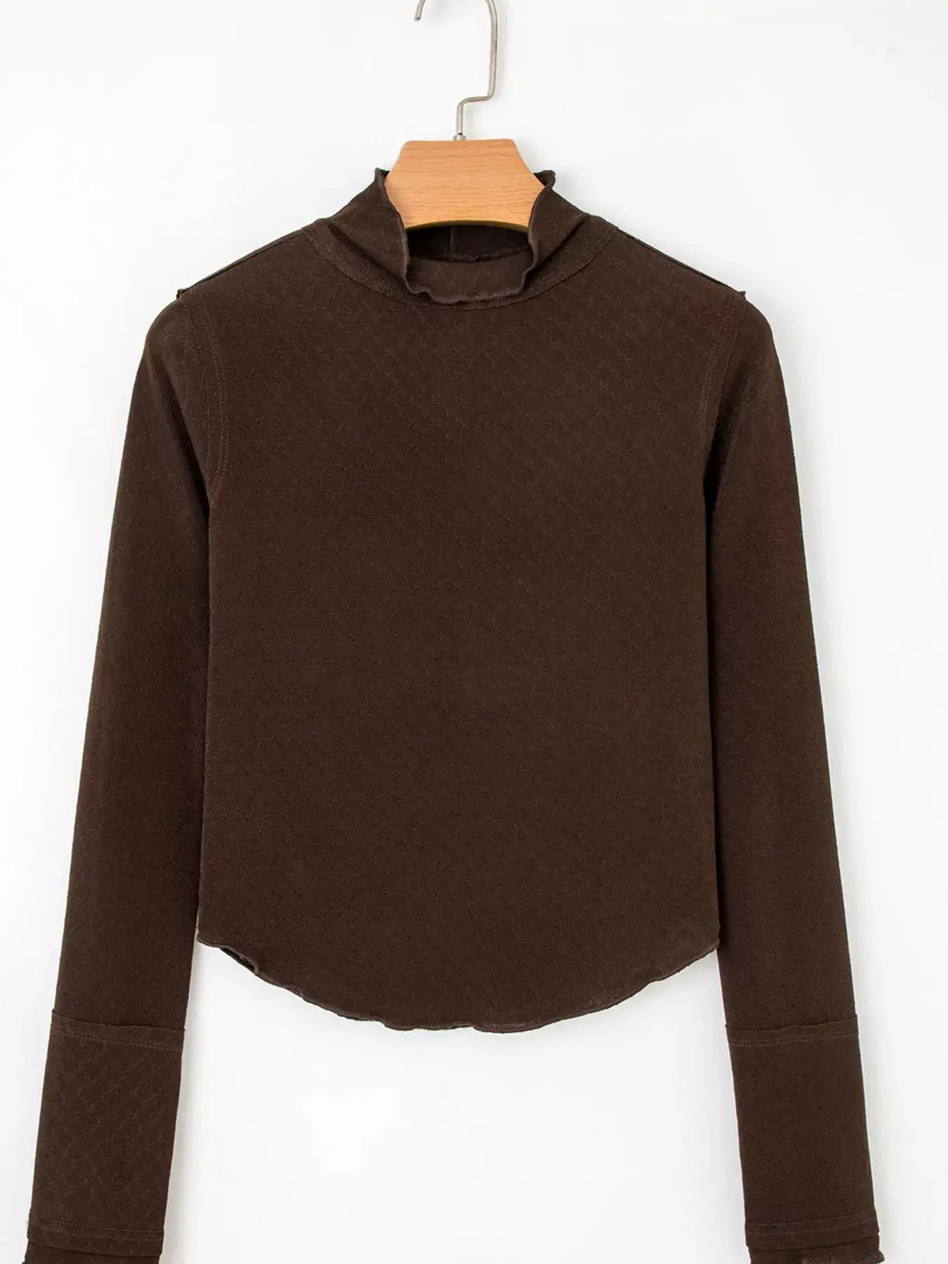 Lettuce Trim Raw Seam Patchwork Jacquard Long Sleeve Top, brown