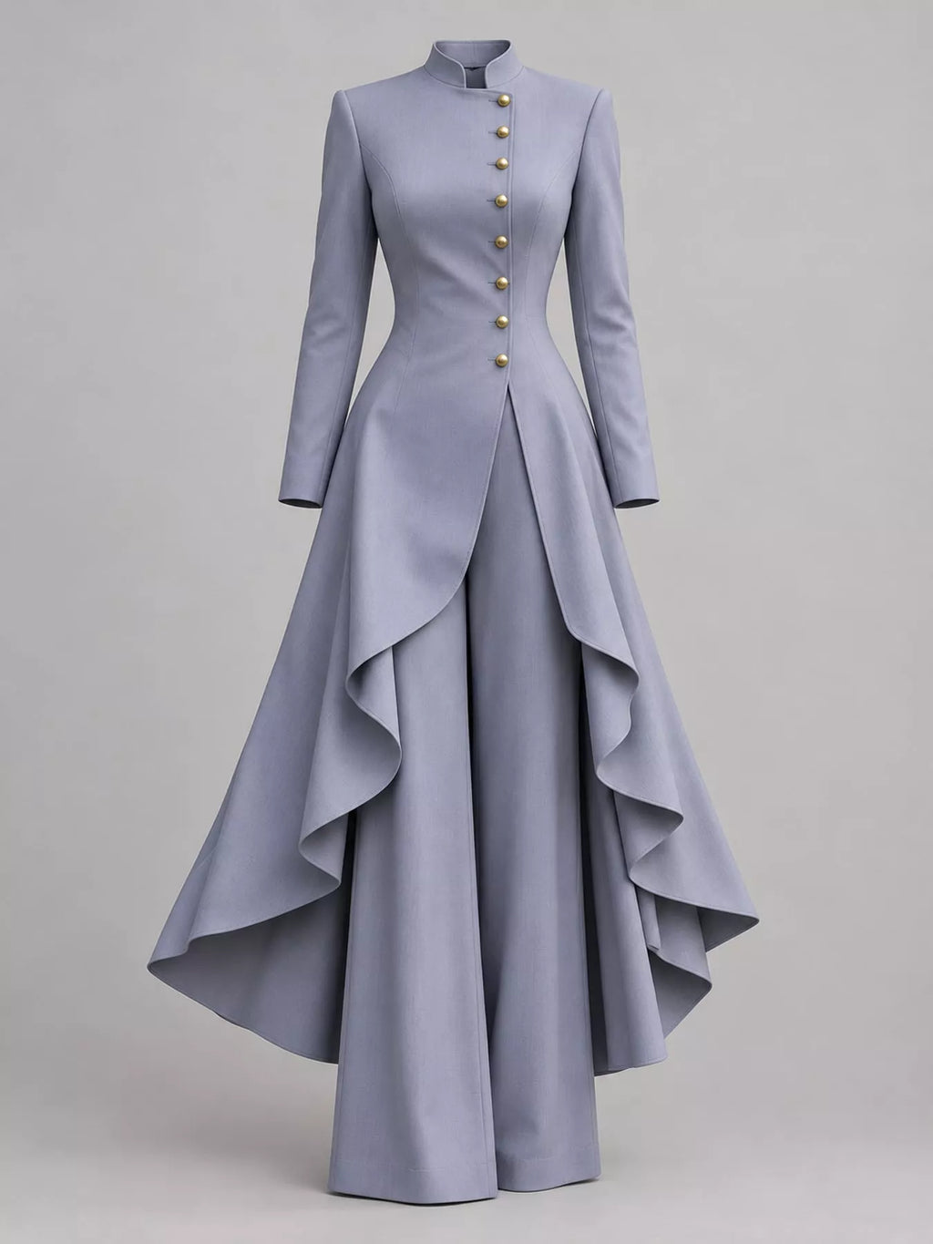 Ruffled High-Low Button Tunic & Wide-Leg Pants Set in Light Mist Gray by Belle Bijouix – view 80 of 82