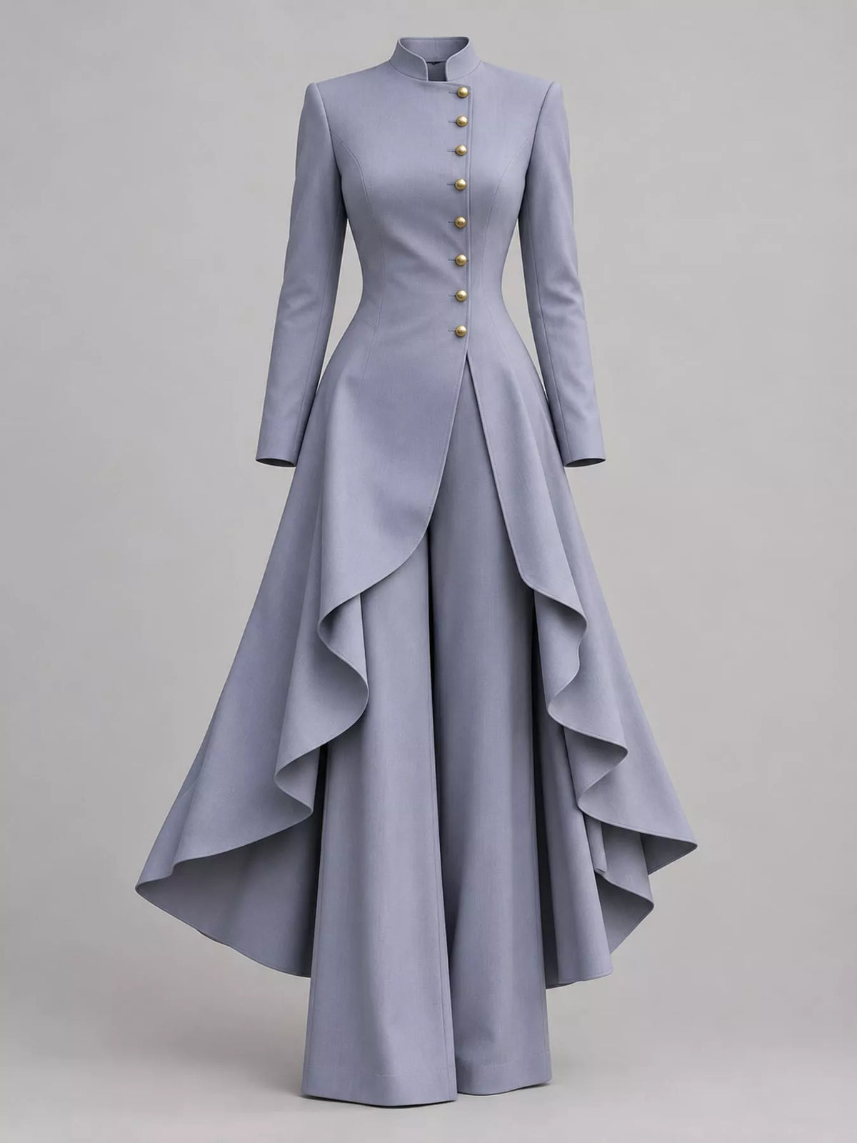 Ruffled High-Low Button Tunic & Wide-Leg Pants Set in Light Mist Gray by Belle Bijouix – view 80 of 82