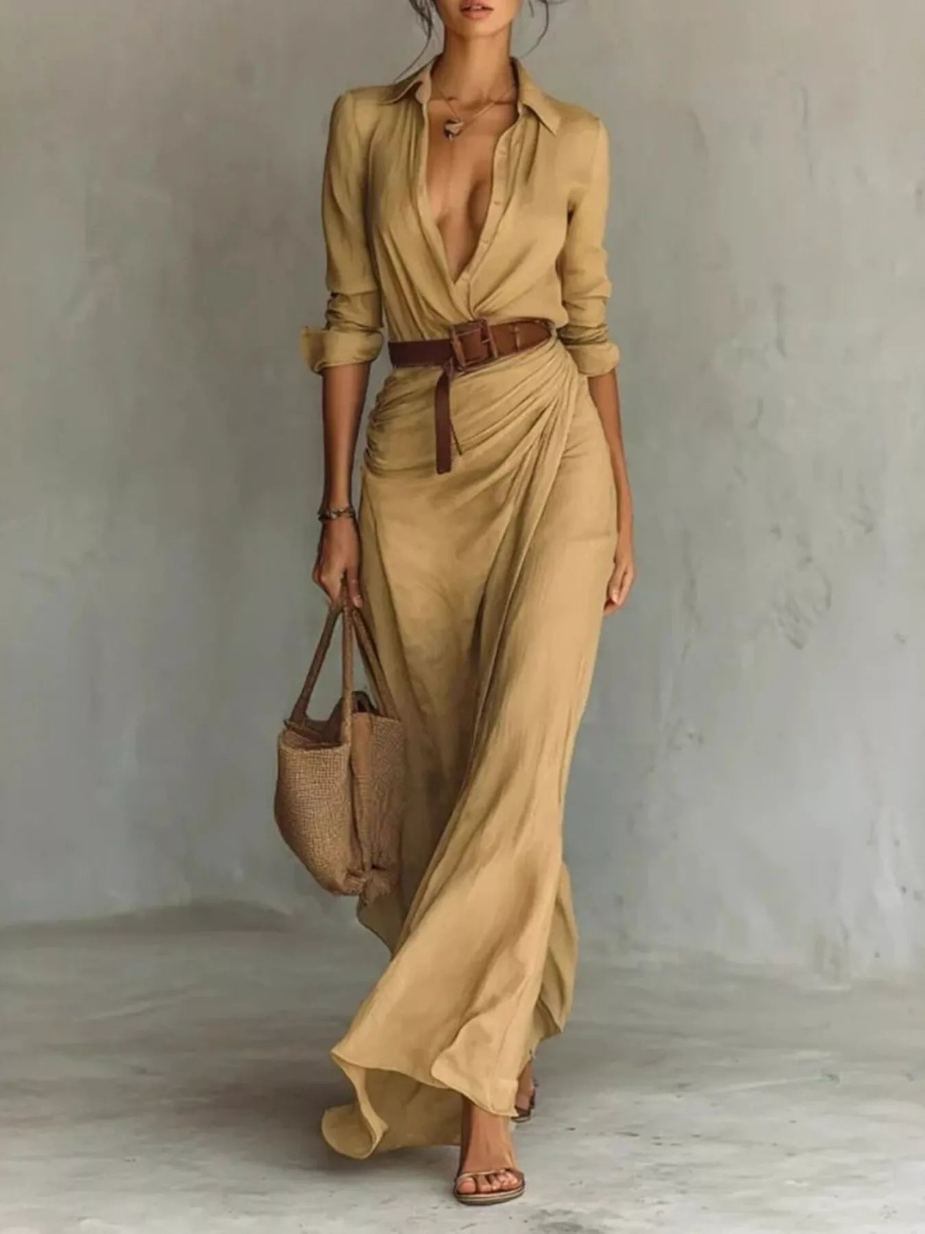 Full Size Ruched Long Sleeve Maxi Dress Plus Size in beige with belt, buttoned front, and ruched details.