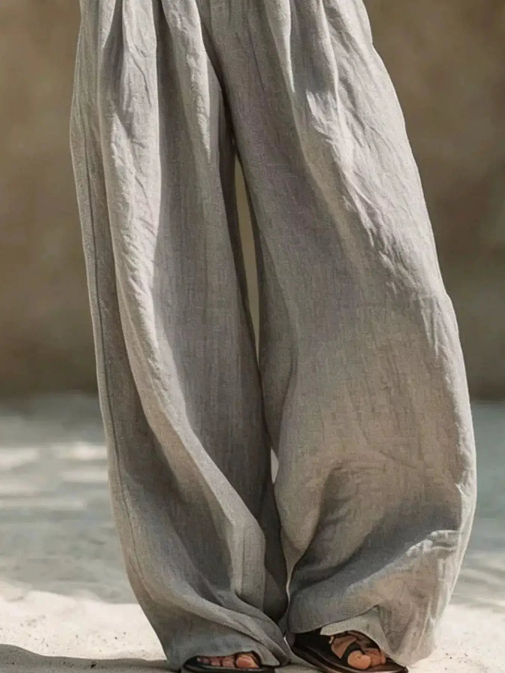 Full-size elastic waistband wide-leg pants, plus size, in light gray linen-like fabric