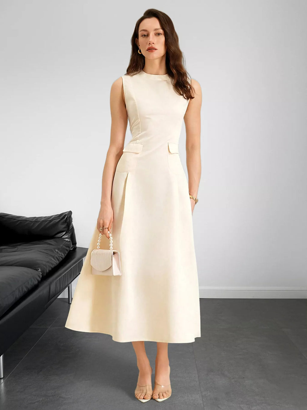 Belle Bijouix sleeveless ivory A-line midi dress with pockets