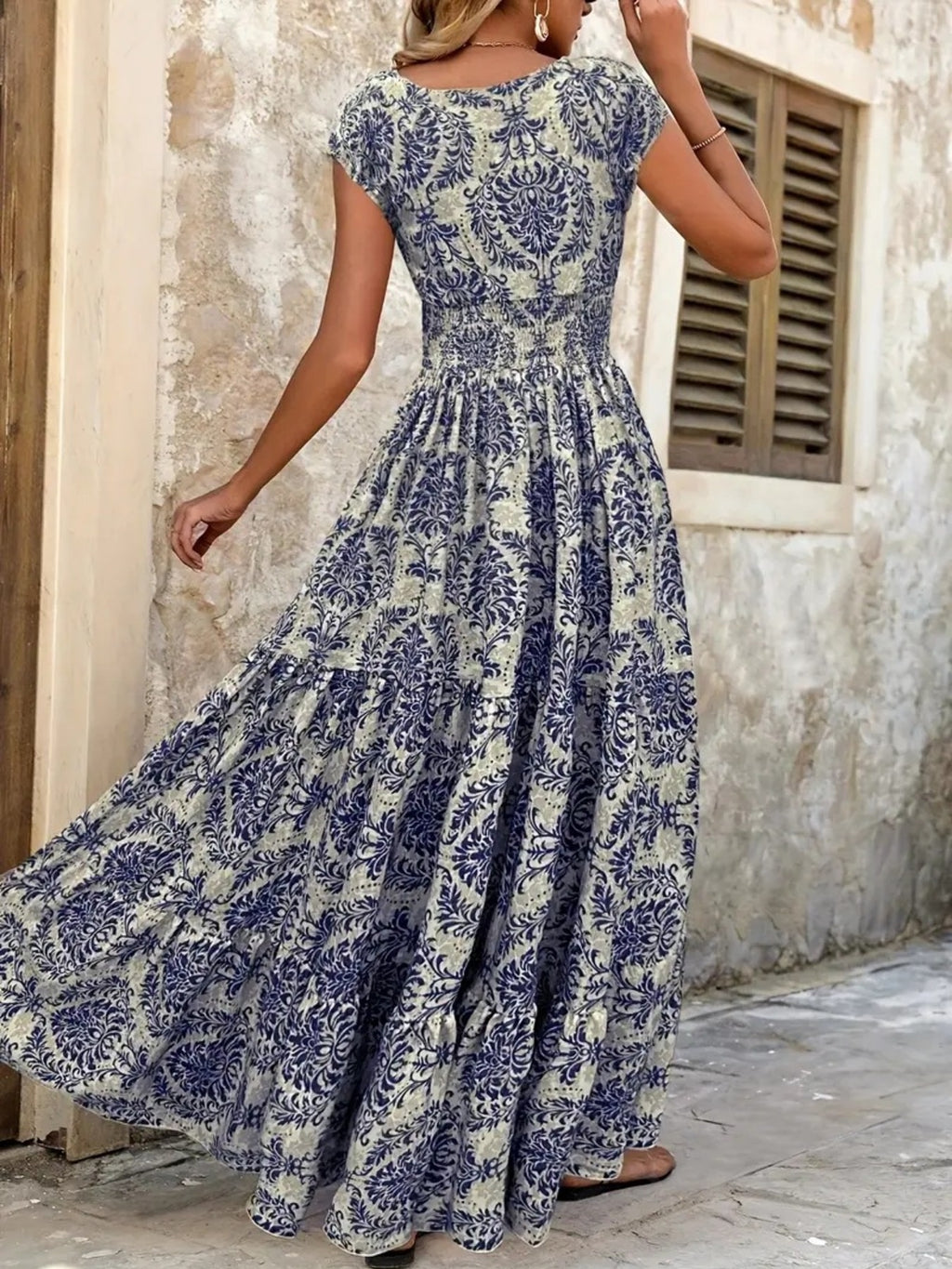 Printed Cap Sleeve Maxi Dress in blue and white damask print; tiered, smocked waist, full-length.