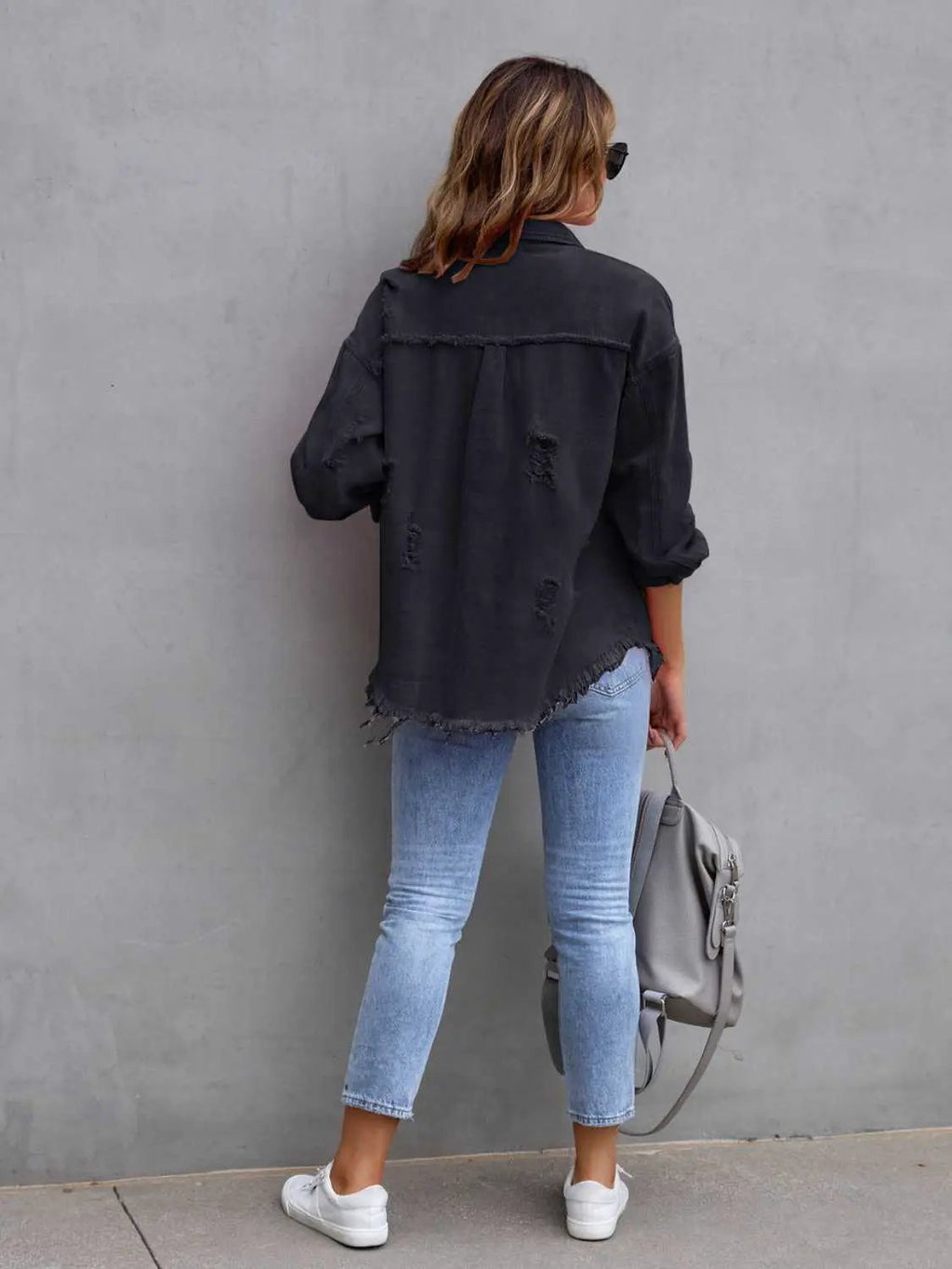 Distressed Drop Shoulder Denim Jacket, black denim with ripped patches and frayed hem, Belle Bijouix tops