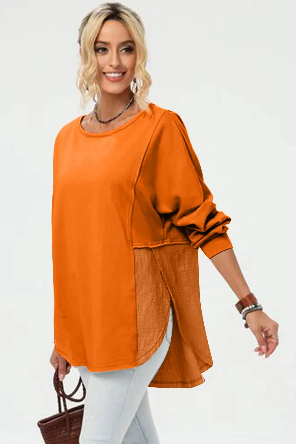 Double Take Full Size Long Sleeve High-Low T-Shirt in orange with side slit