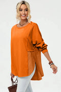 Double Take Full Size Long Sleeve High-Low T-Shirt in orange with side slit