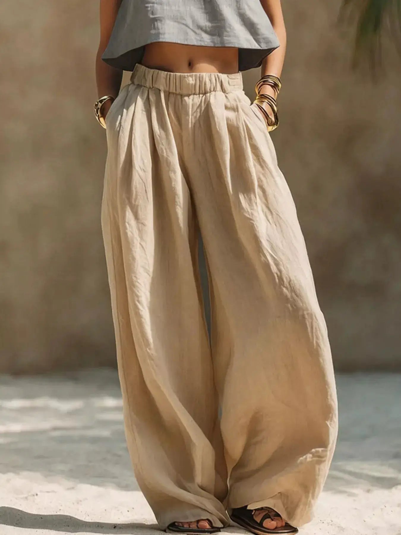 Full-Size elastic waistband wide-leg pants in beige, plus-size casual beachwear