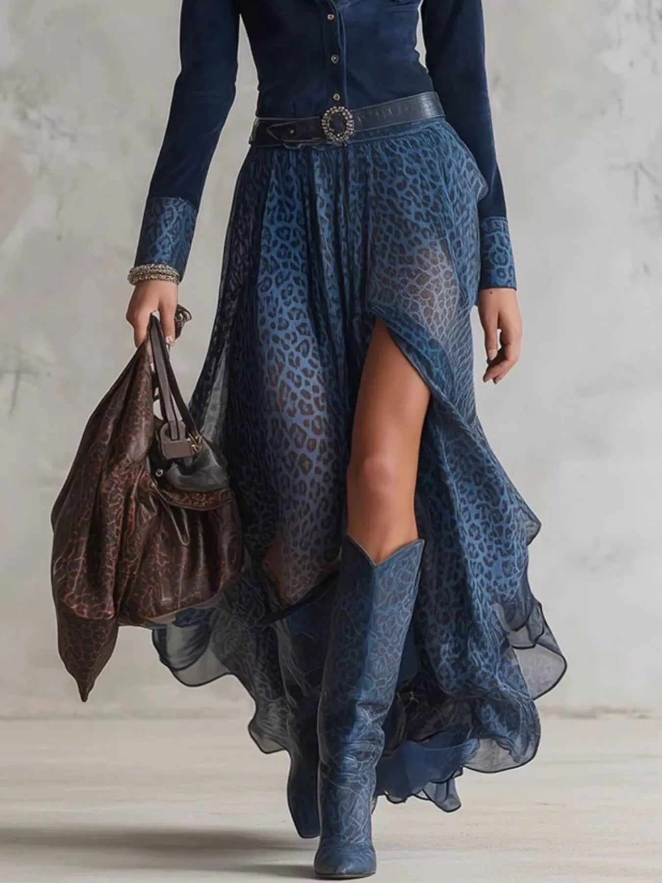 Leopard Button Front Slit Maxi Dress by Trendsi in blue leopard print with belt