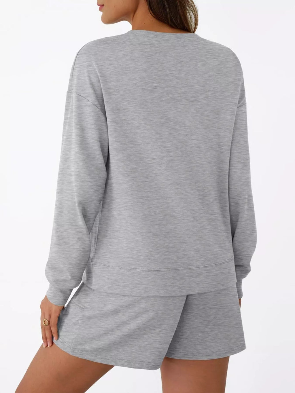 Round Neck Long Sleeve Top and Shorts Set by Belle Bijouix in heather gray, active wear with drawstring and pockets.