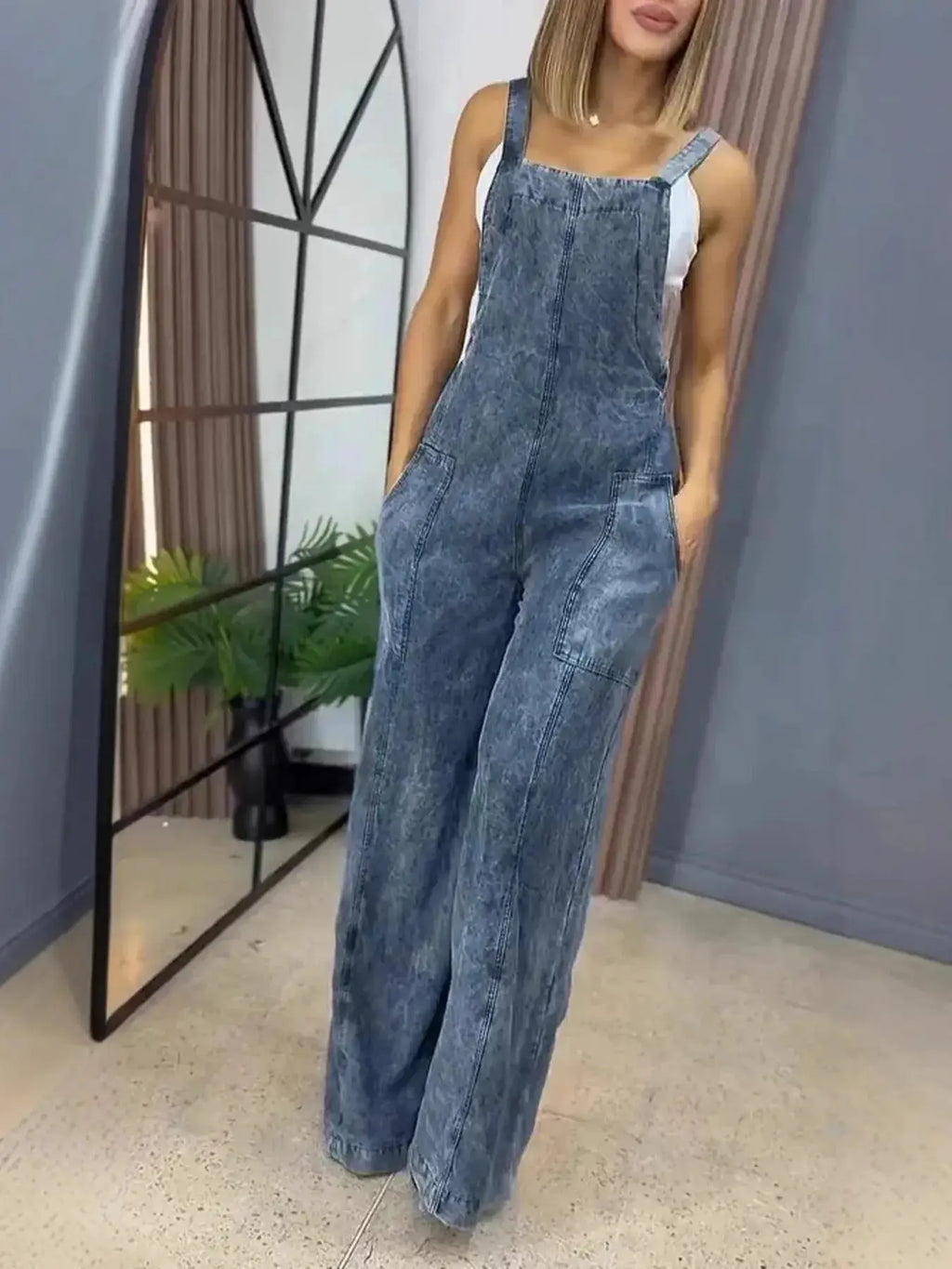 Full Size Wide Leg Washed Denim Overalls in blue denim with shoulder straps