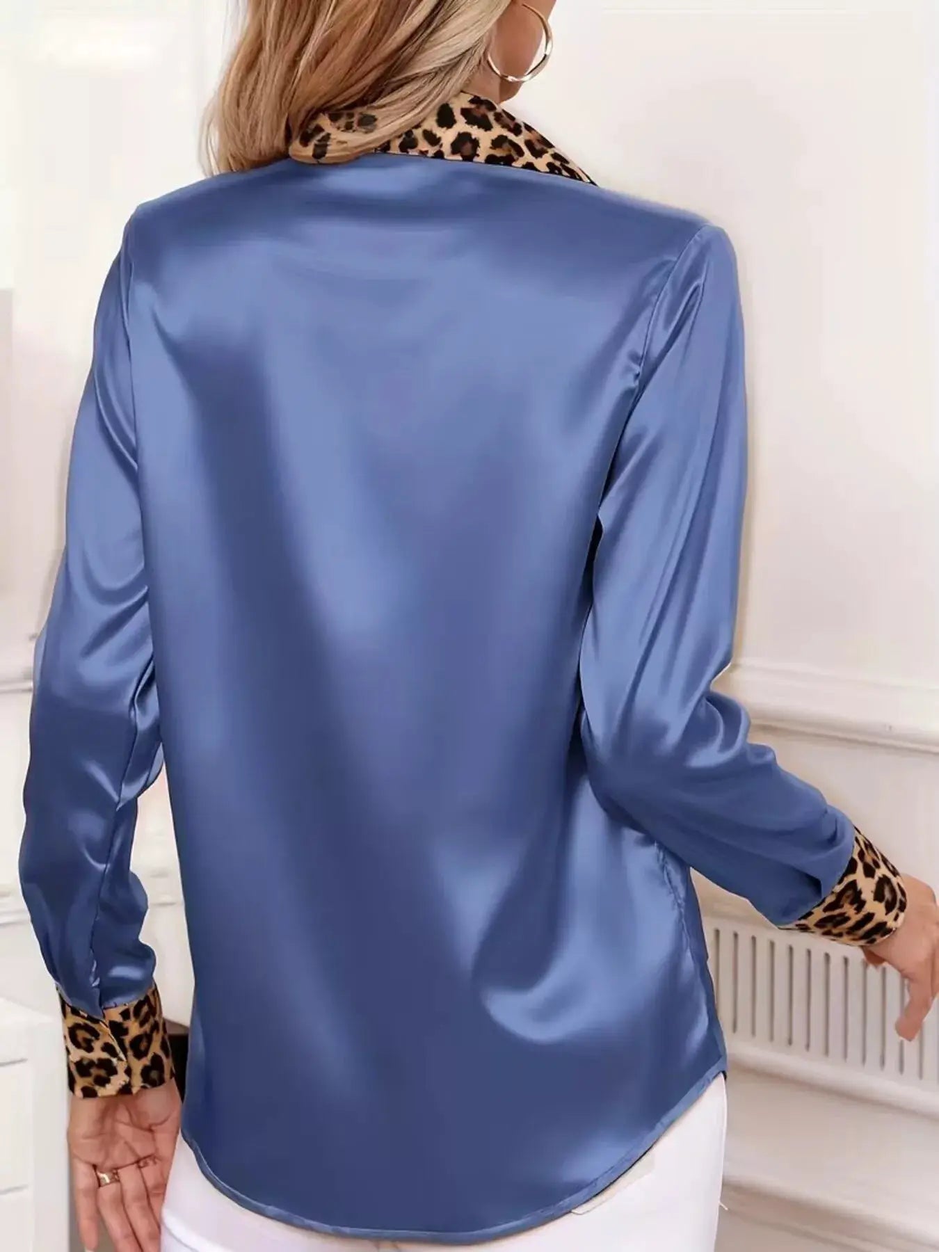 Leopard Button Up Long Sleeve Shirt, blue satin with leopard-print collar and cuffs, back view