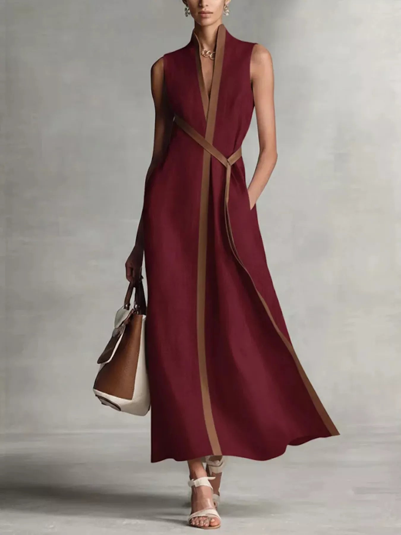 Full Size Contrast Trim Sleeveless Maxi Dress Plus Size in burgundy with tan waist belt