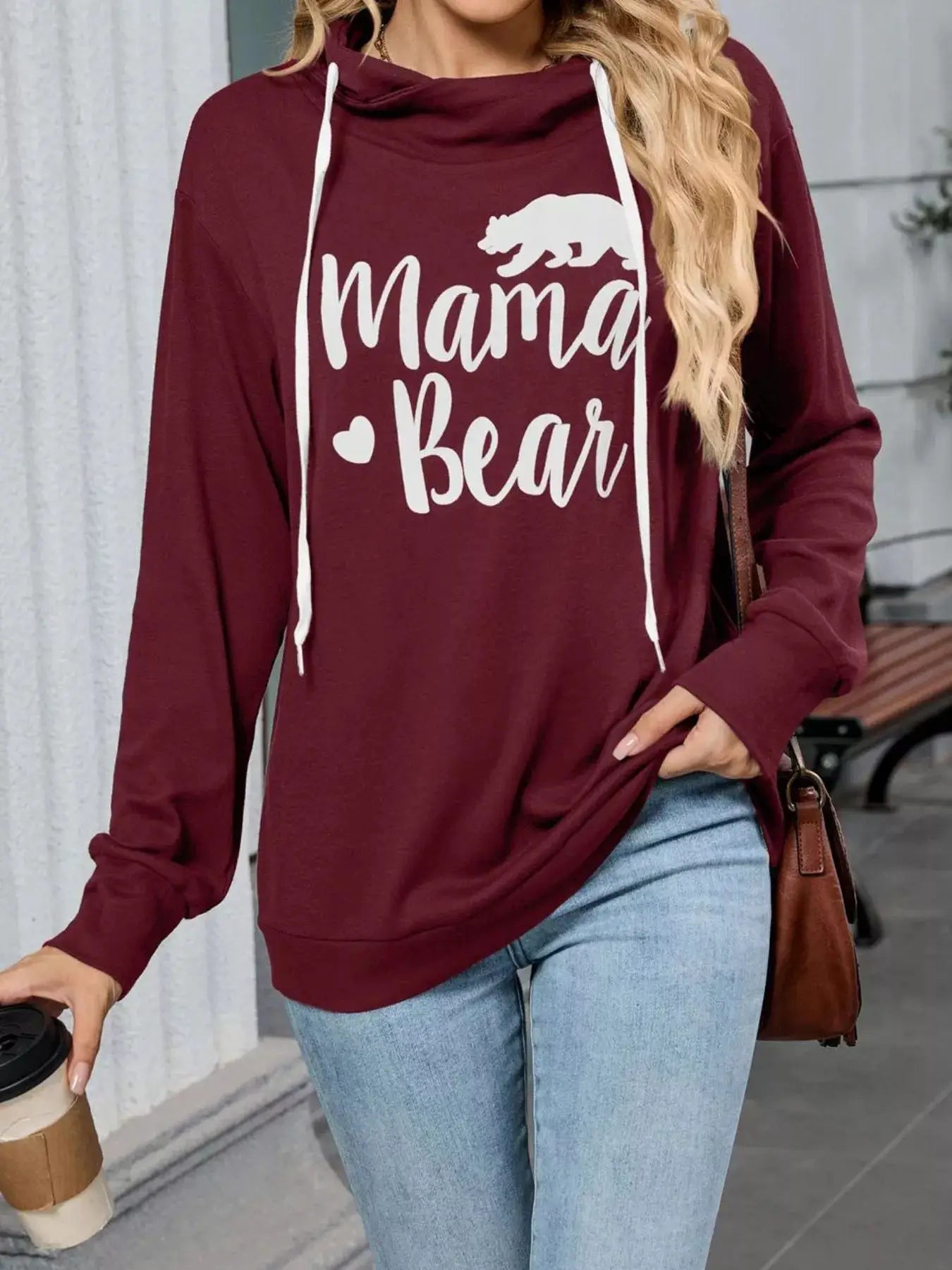 Letter Drawstring Long Sleeve Hoodie by Belle Bijouix, burgundy with white drawstrings and Mama Bear graphic.