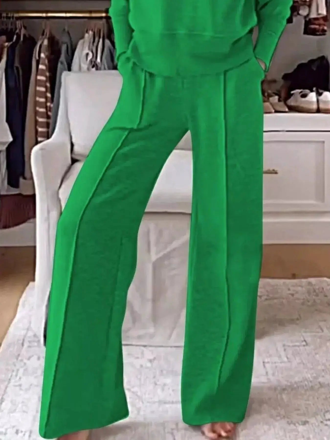 Full Size Cozy V-Neck Top and Pants Set Plus Size in bright green with pockets