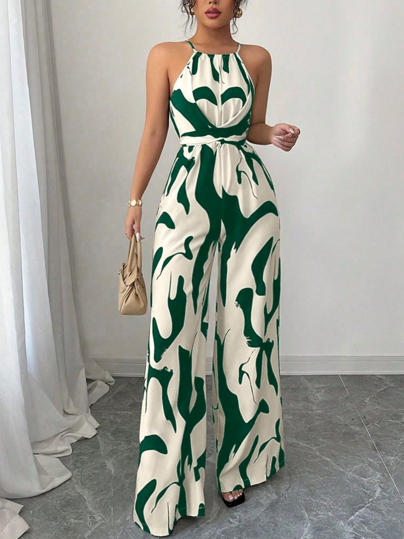 Abstract Print Sleeveless Wide-Leg Jumpsuit in green and cream with belt by Bellebijouix