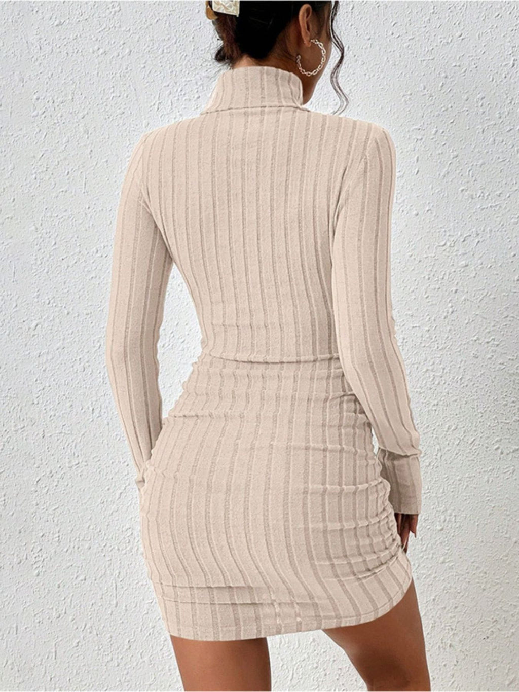 Turtleneck ribbed bodycon mini dress, beige, long-sleeve