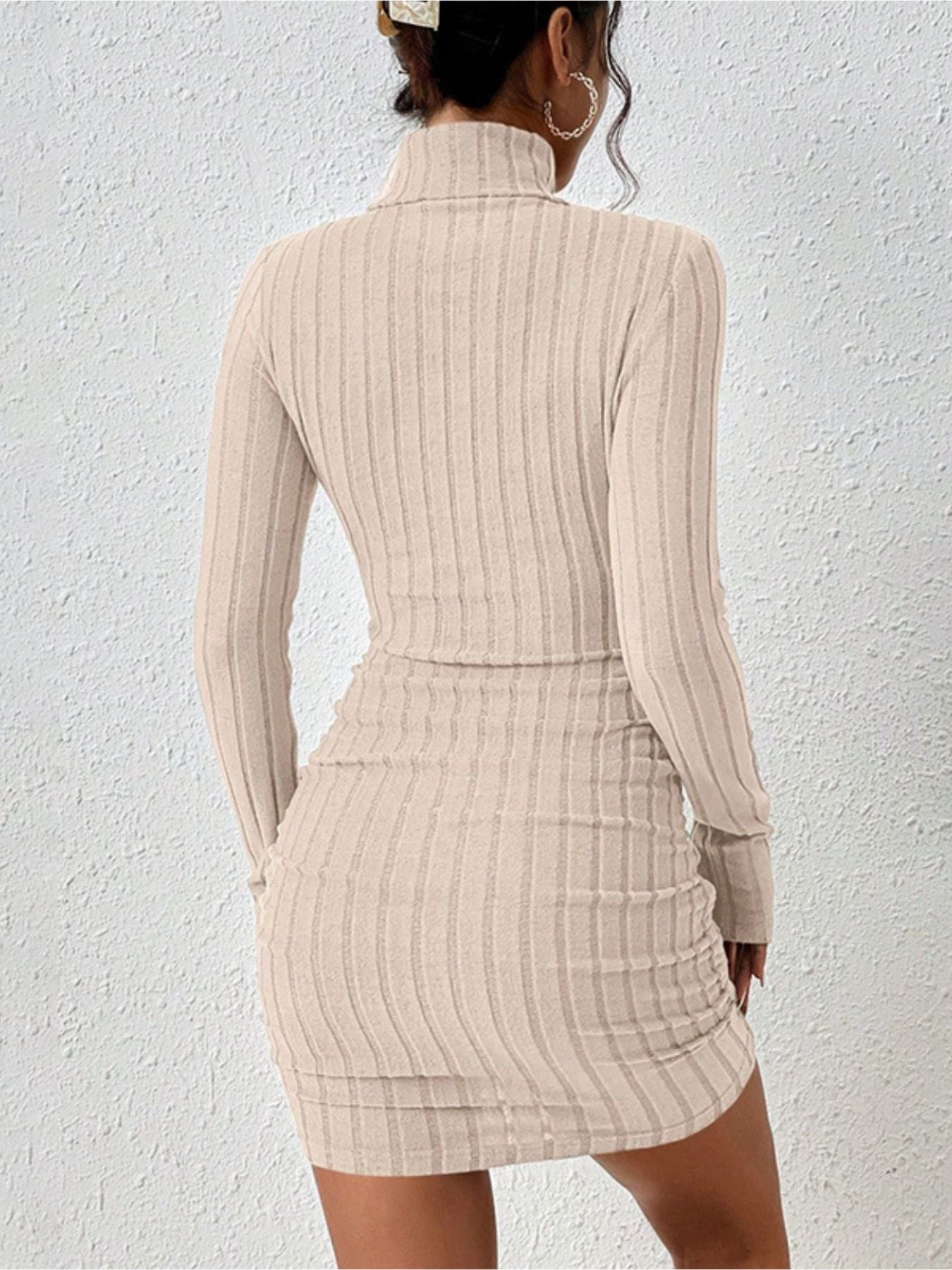 Turtleneck ribbed bodycon mini dress, beige, long-sleeve