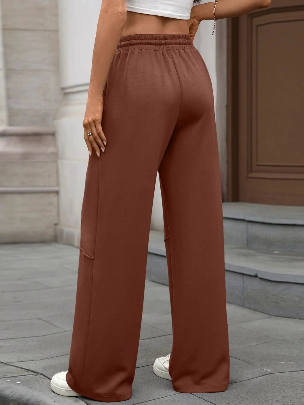 Drawstring high-waist wide-leg casual pants in rust brown by Trendsi.