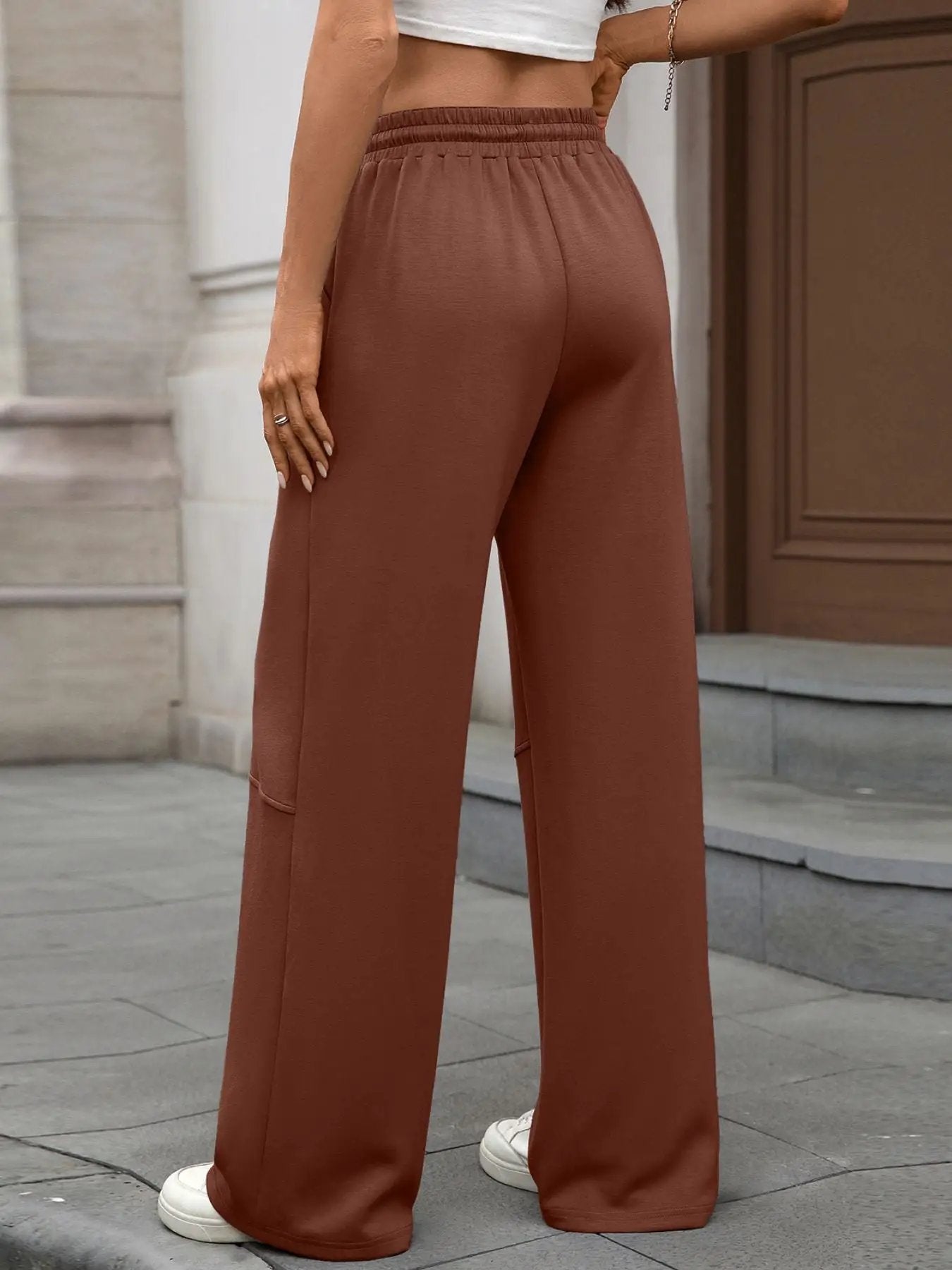 Drawstring high-waist wide-leg casual pants in rust brown by Trendsi.