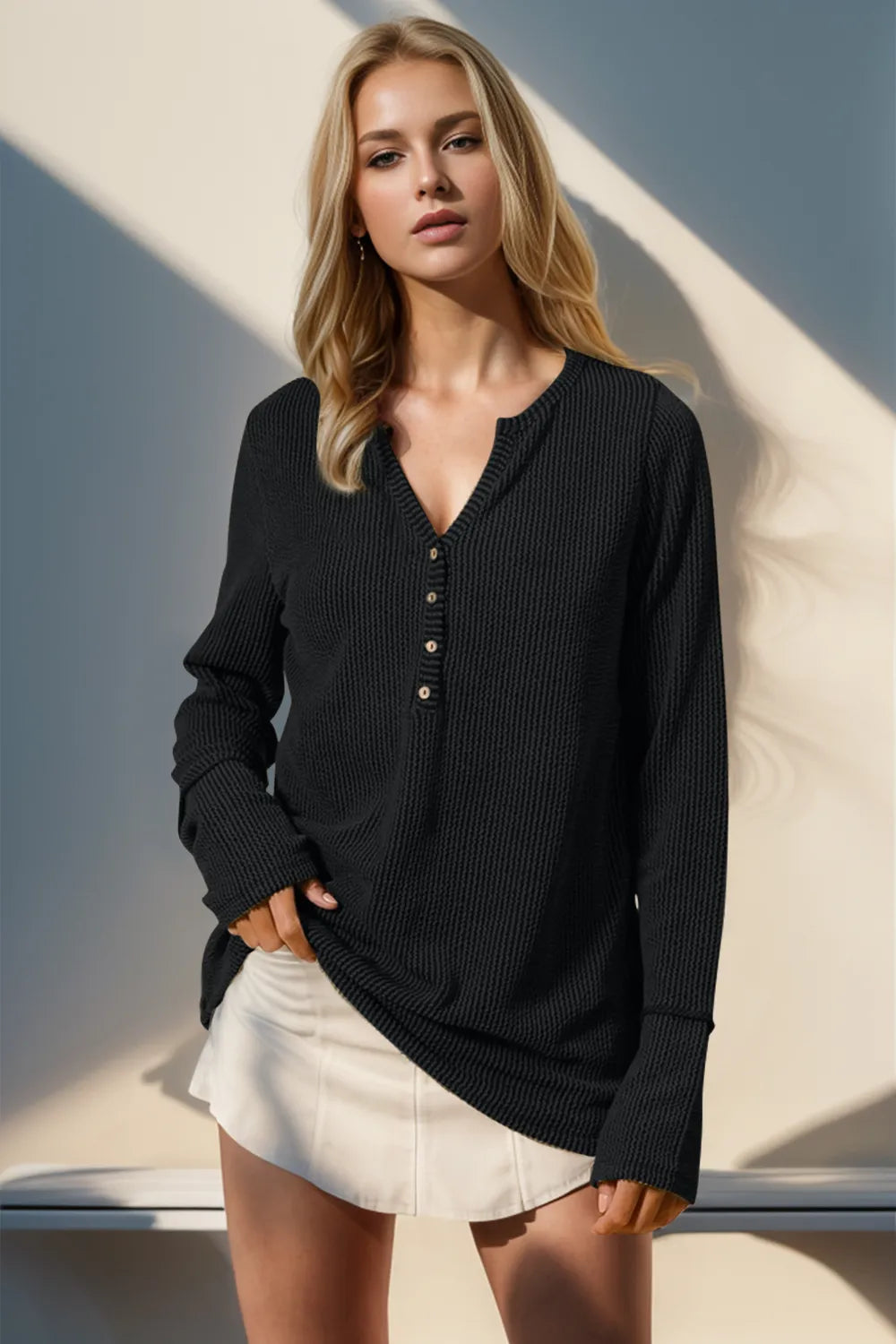 Double Take Full Size Notched Thumbhole Long Sleeve T-Shirt, black ribbed knit by Belle Bijouix