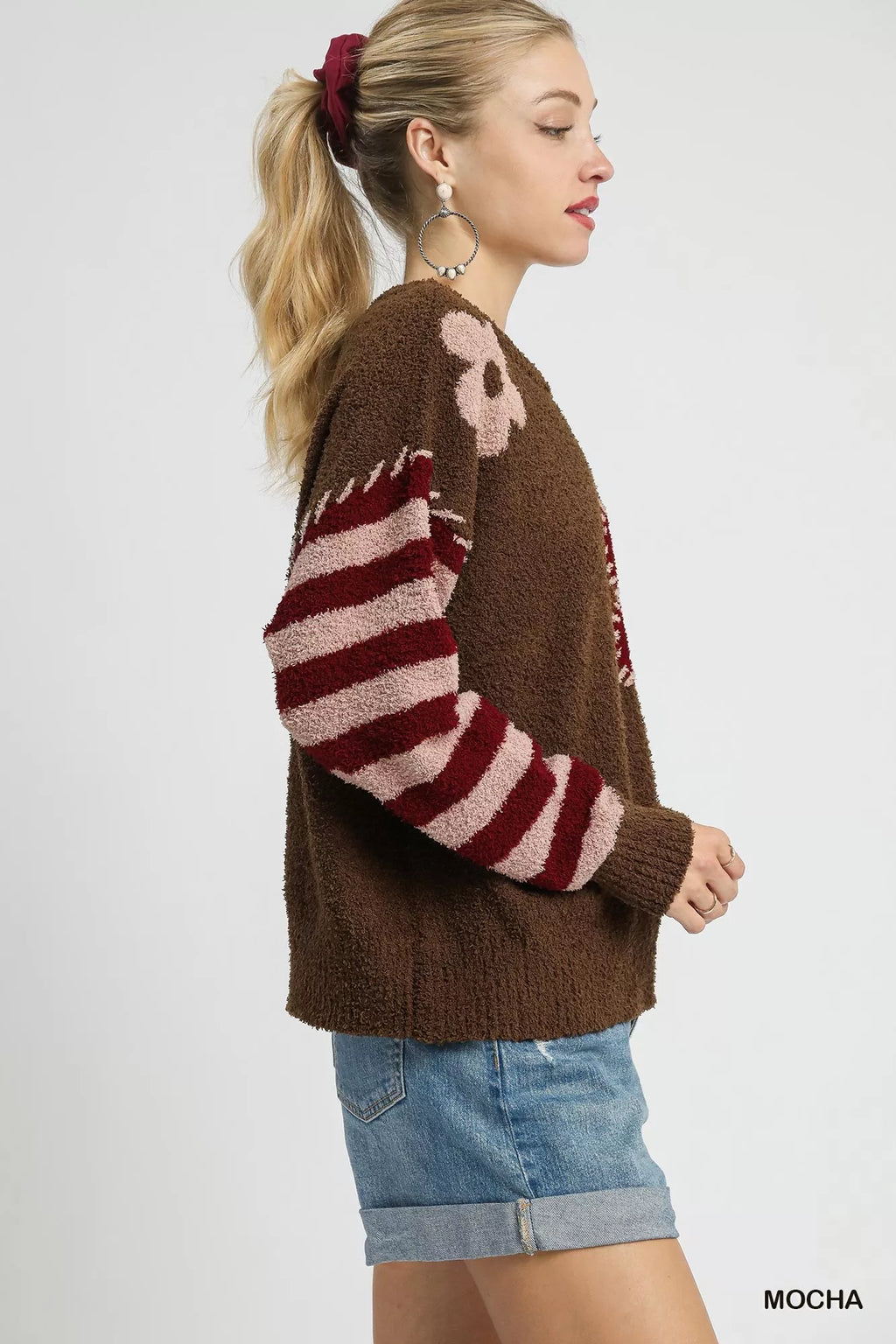 Umgee Flower Jacquard Striped Long Sleeve Sweater in brown with pink floral detail and maroon striped sleeves Mocha