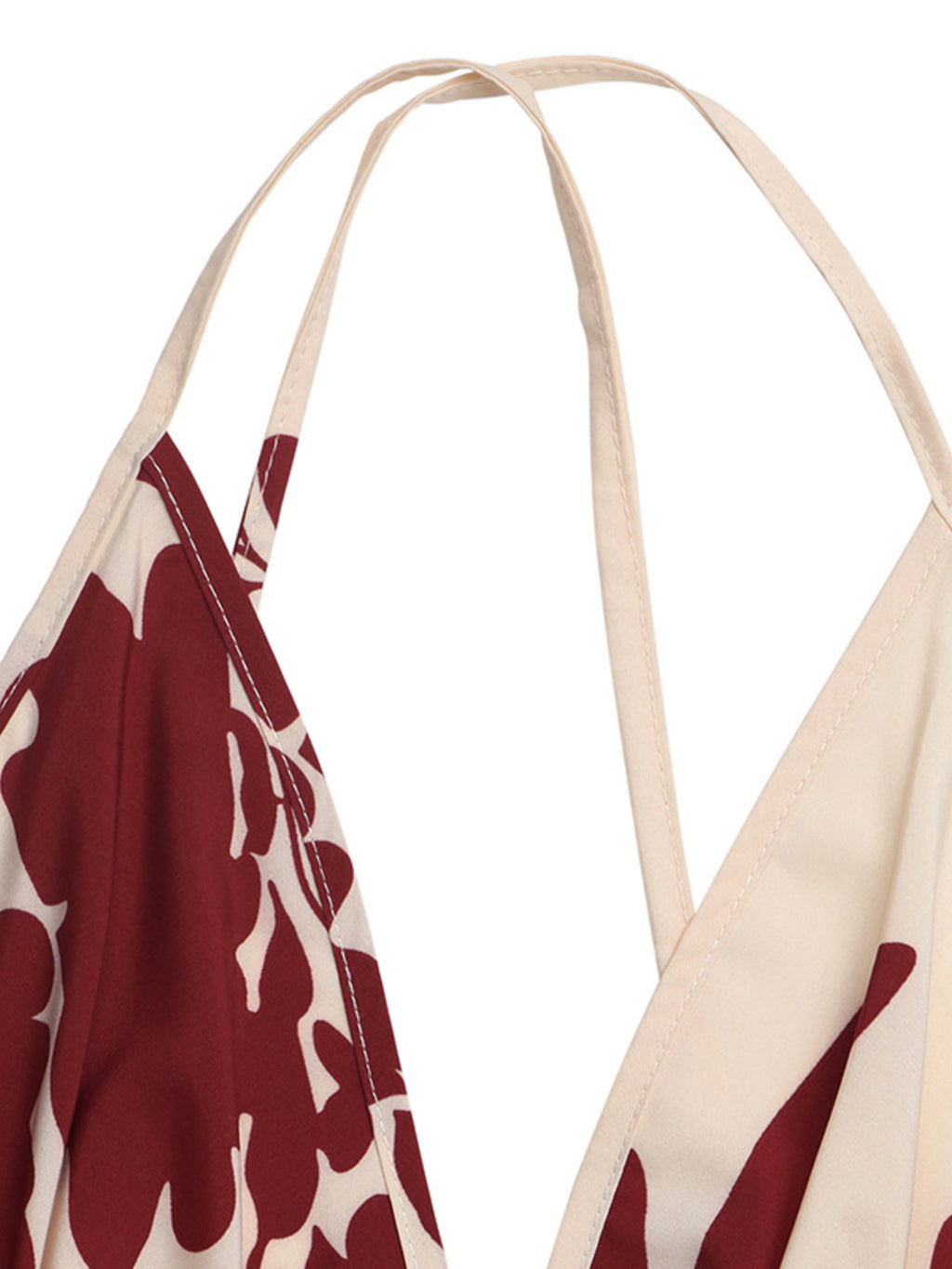 Deep V-Neck Spaghetti Strap Maxi Dress by Trendsi, burgundy floral print on beige fabric with slender straps