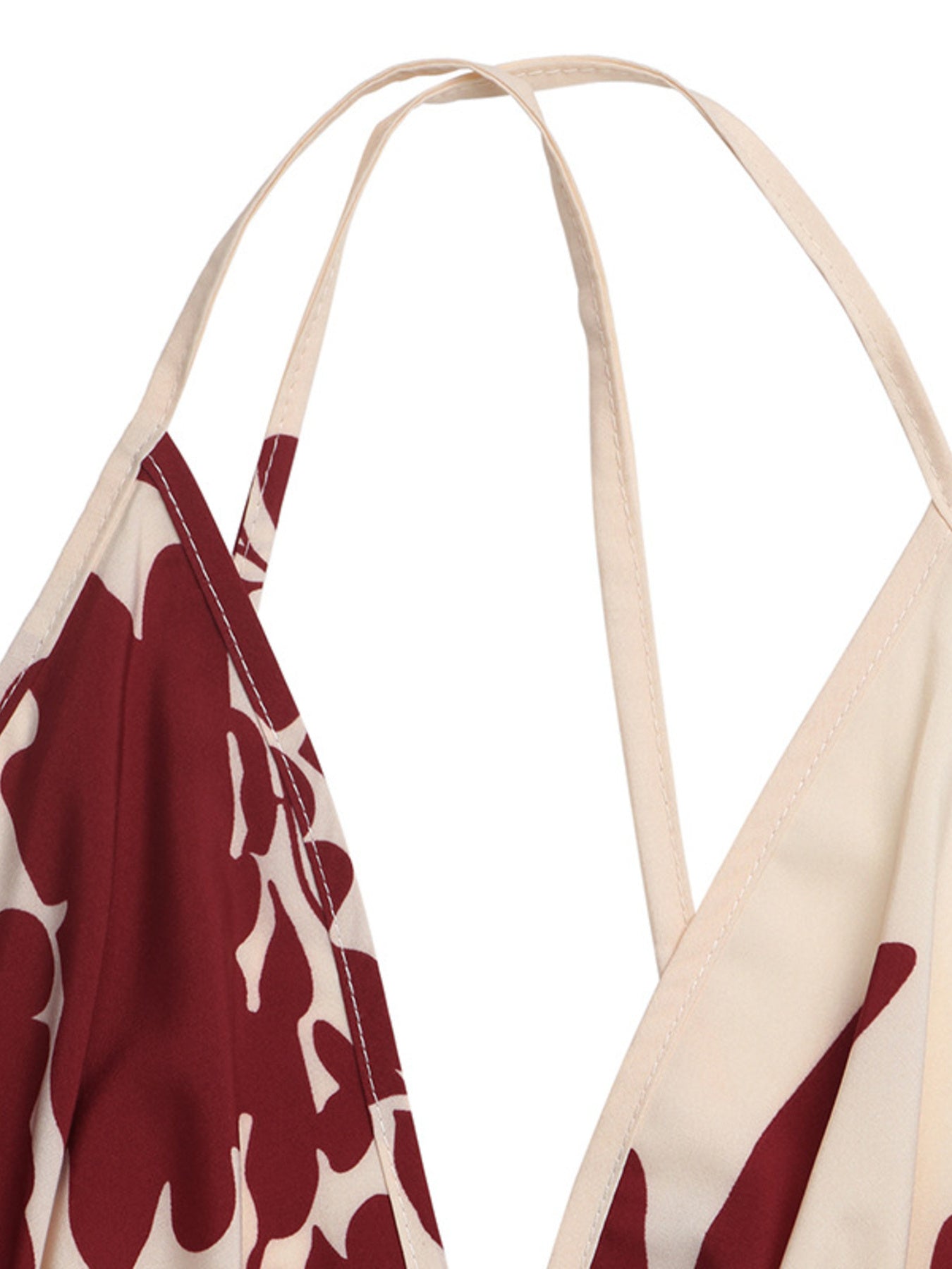 Deep V-Neck Spaghetti Strap Maxi Dress by Trendsi, burgundy floral print on beige fabric with slender straps