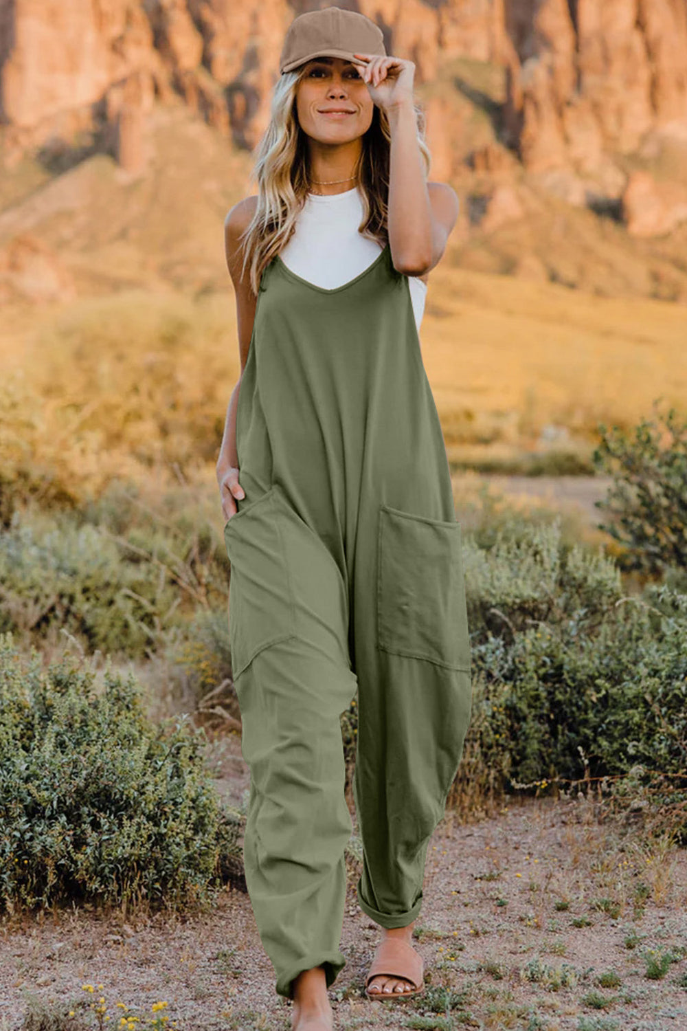 Double Take Full Size V-Neck Sleeveless Jumpsuit with Pockets in olive green by Belle Bijouix