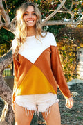 BiBi Color Block Geometric Sweater top in white, brown, and mustard blocks by Belle Bijouix.