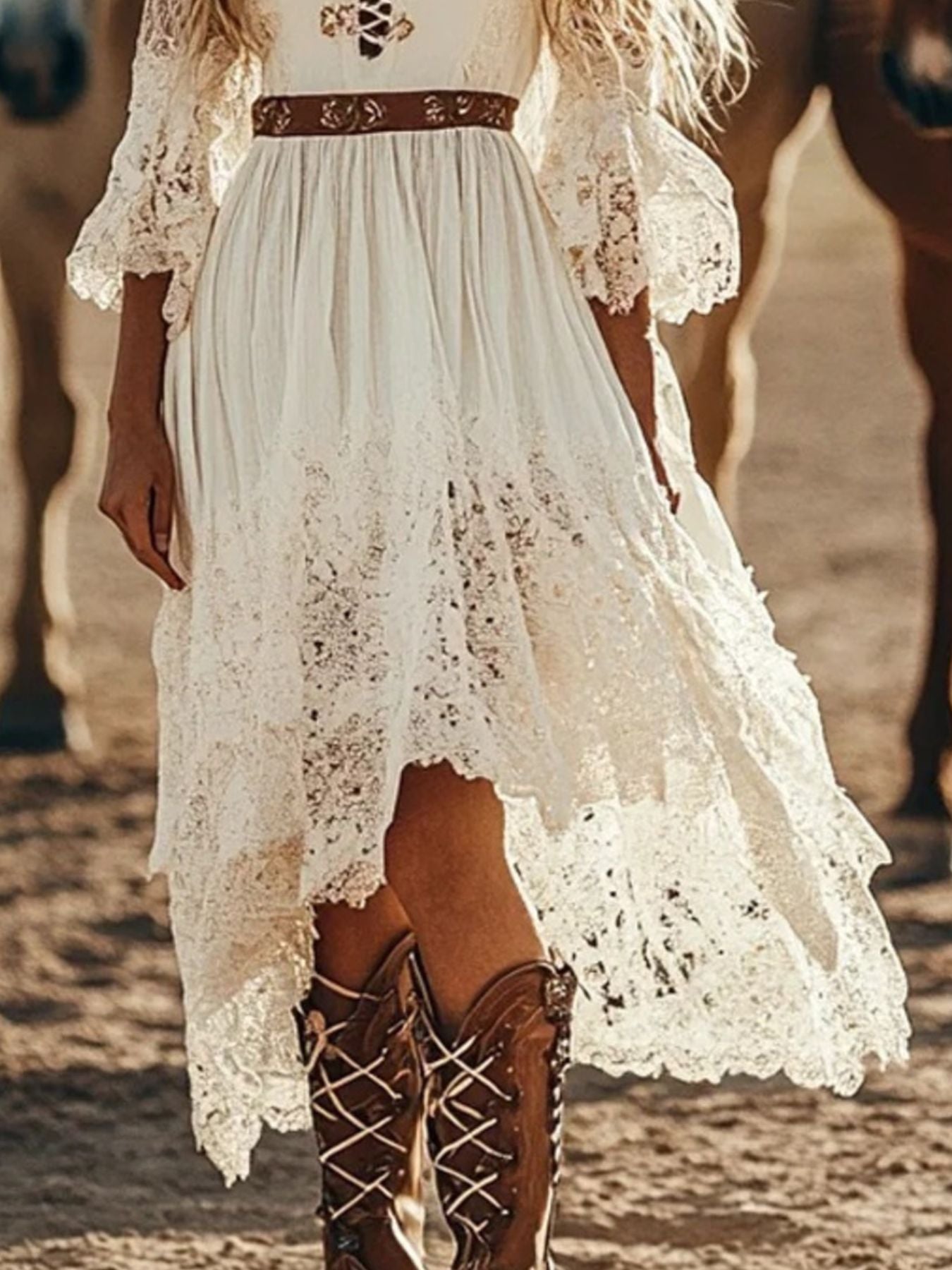 Lace Trimmed High-Low Dress, ivory lace with brown belt
