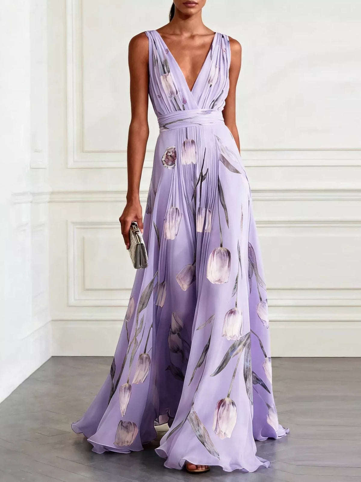 Sleeveless V-Neck Floral Maxi Dress in Light Purple by Belle Bijouix – view 14 of 37