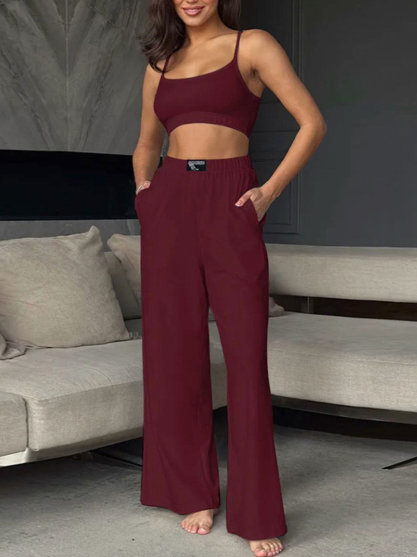 Trendsi scoop-neck cami and wide-leg pants set in burgundy with elastic waist.