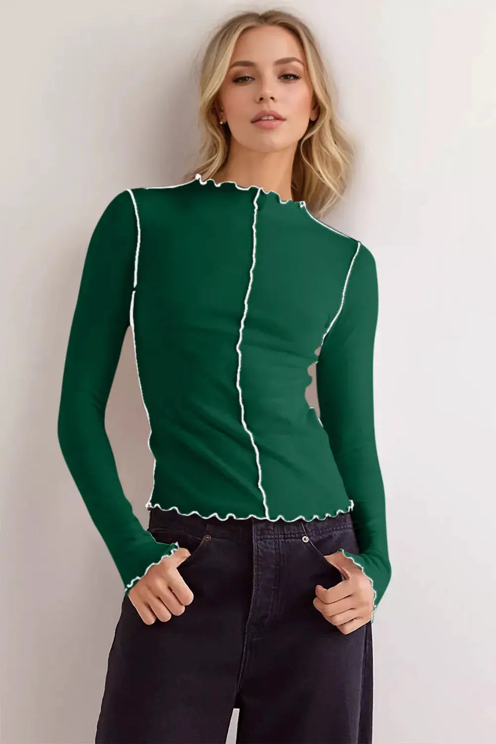 Basic Bae Contrast Trim Mock Neck Long Sleeve T-shirt in green with white trim, Belle Bijouix TOPS