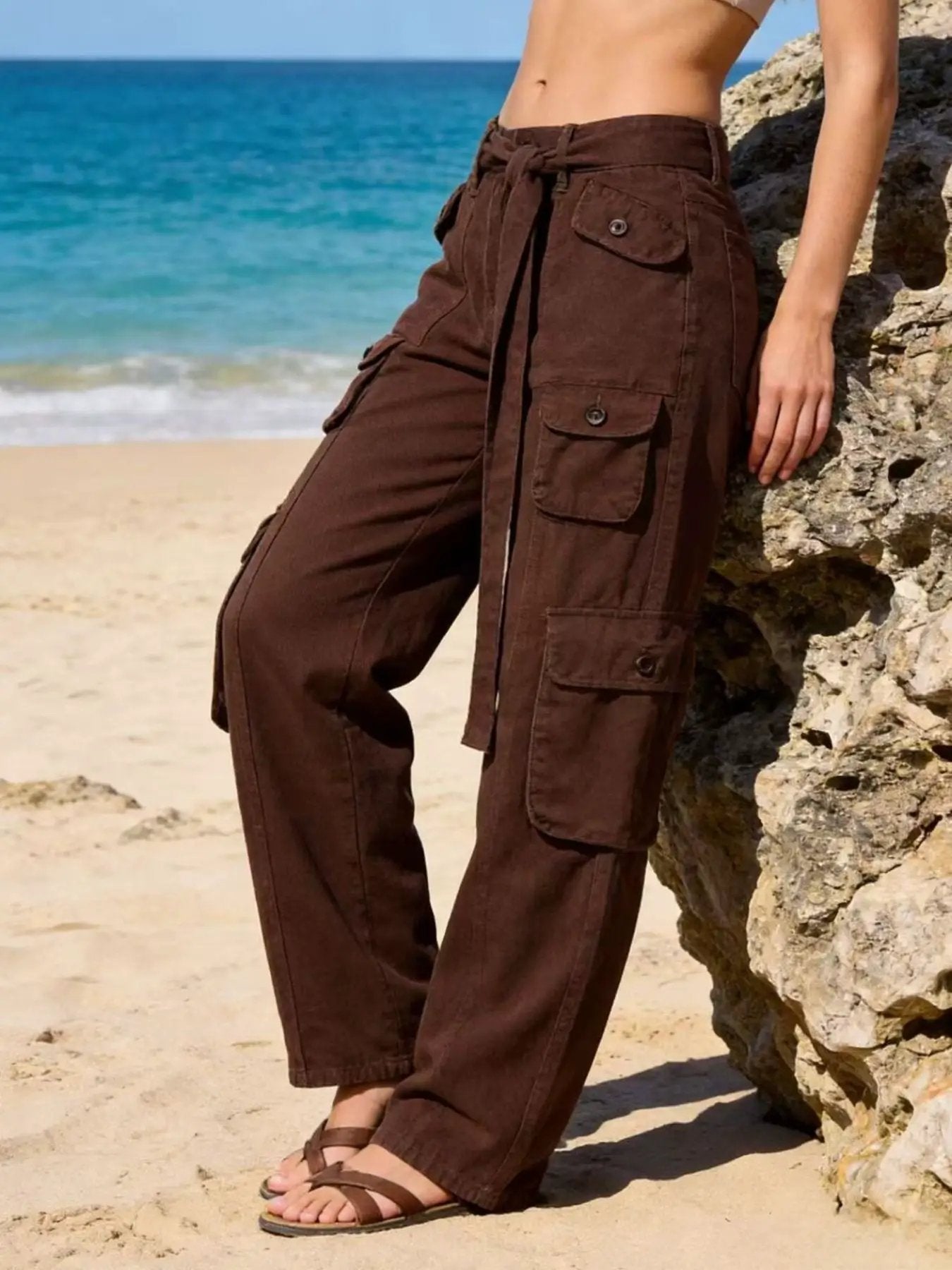 Wide Leg Cargo Jeans in brown with cargo pockets and a waist tie