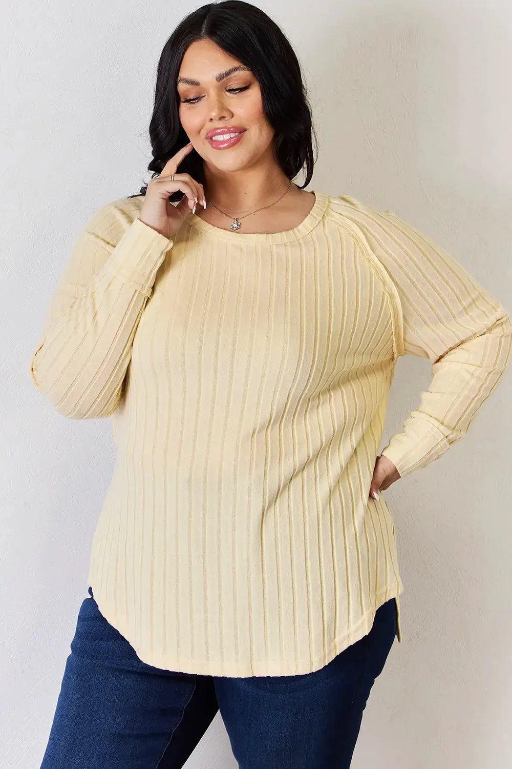 Basic Bae Full Size Ribbed Round Neck Slit T-Shirt in pale yellow, long sleeves, curved hem