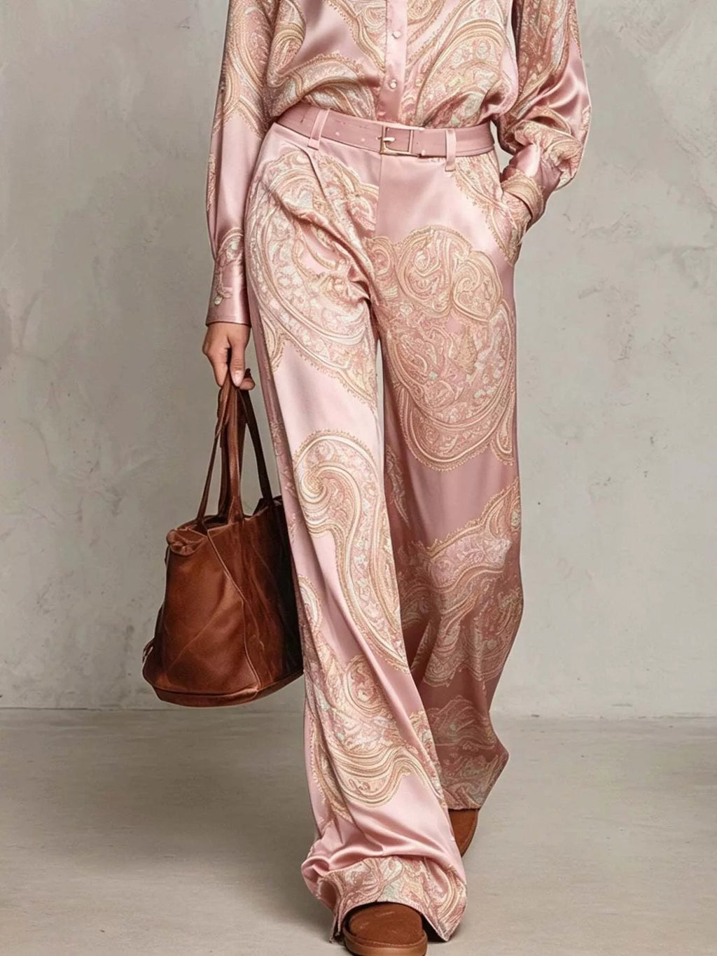 Close-up of blush pink paisley wide-leg pants