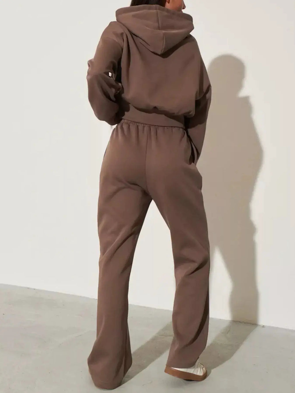 Two-piece Belle Bijouix Zip-Up Hoodie & Wide-Leg Lounge Set in taupe brown, back view