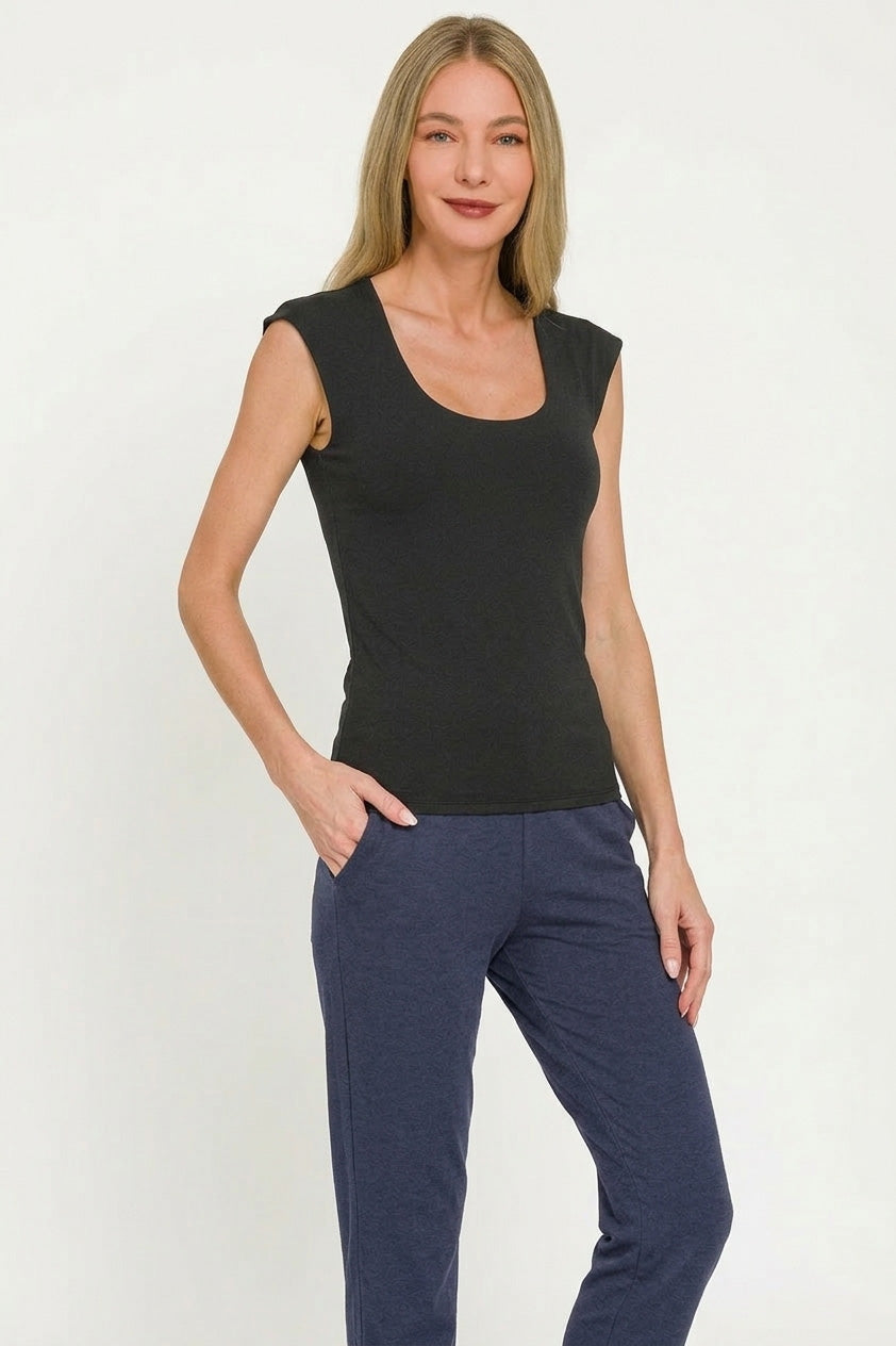 Zenana Double Layered Sleeveless Top in black with scoop neckline