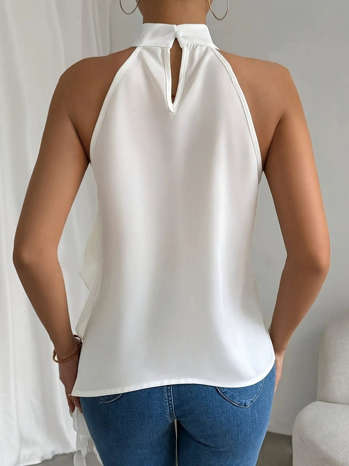 Ruffle halter-neck sleeveless blouse in white satin by Trendsi with back keyhole opening
